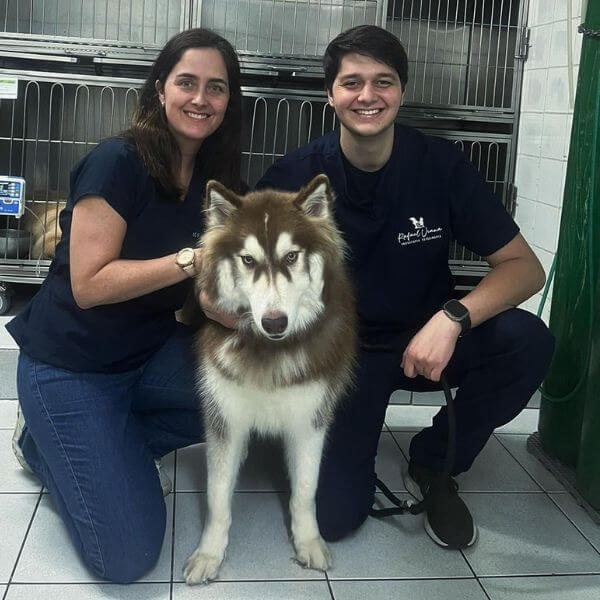 Dr. Rafael Viana segurando um cãozinho, simbolizando cuidado especializado em endoscopia